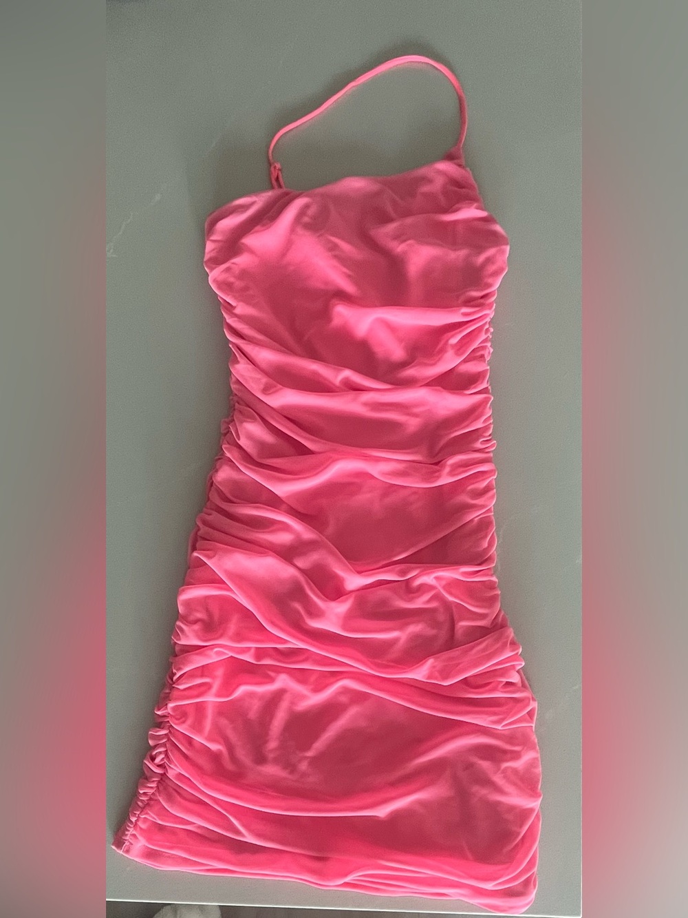 Ruched neon Pink Mini Dress